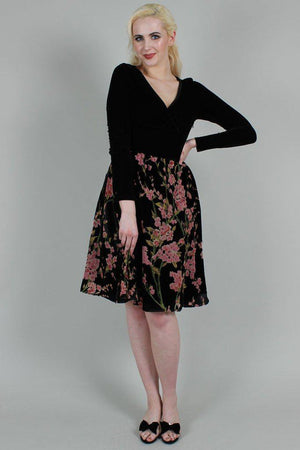 Cheryl Velvet Dress With Chiffon Rose Flocking-Voodoo Vixen-Dark Fashion Clothing