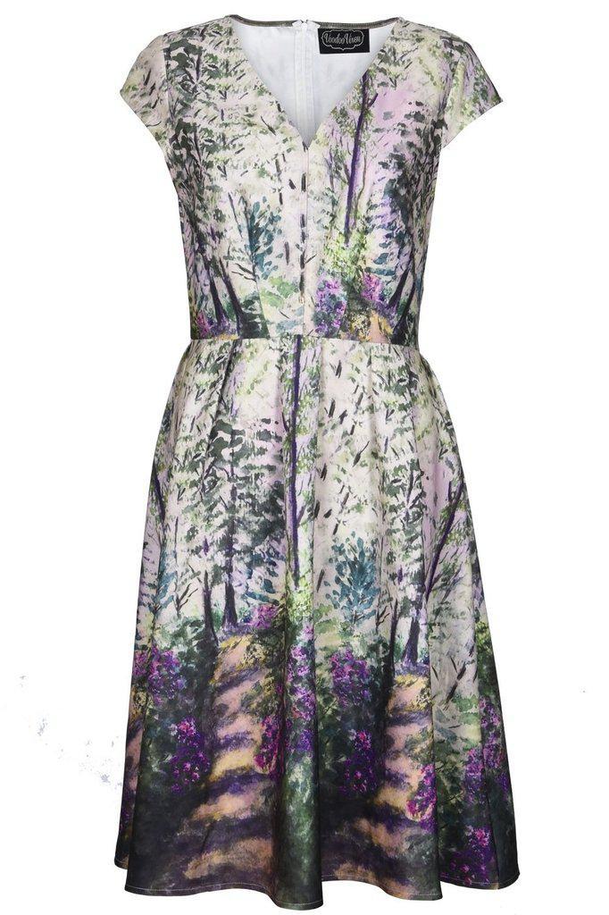 Christina Lilac Road Painted Flared Dress-Voodoo Vixen-Dark Fashion Clothing