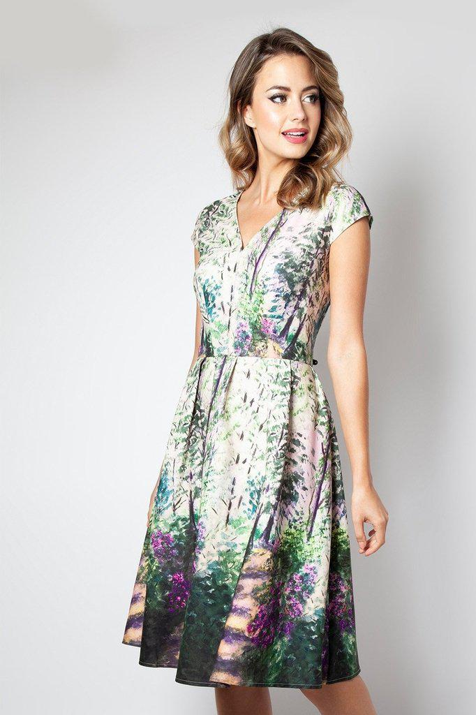 Christina Lilac Road Painted Flared Dress-Voodoo Vixen-Dark Fashion Clothing