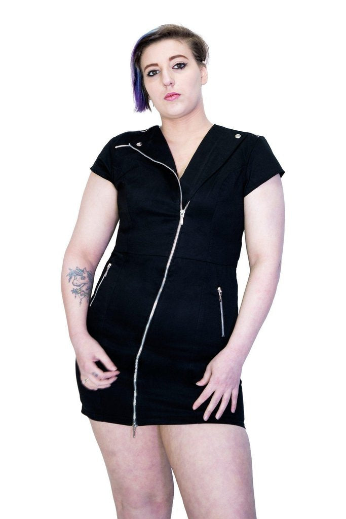 Cotton Lining Black Biker Plus Size Mini Dress - Abigail-Dr Faust-Dark Fashion Clothing