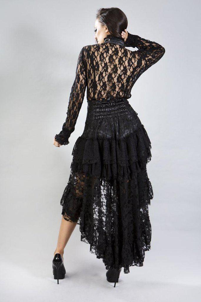 Crimson Long Sleeve Top In Black Lace Chiffon-Burleska-Dark Fashion Clothing