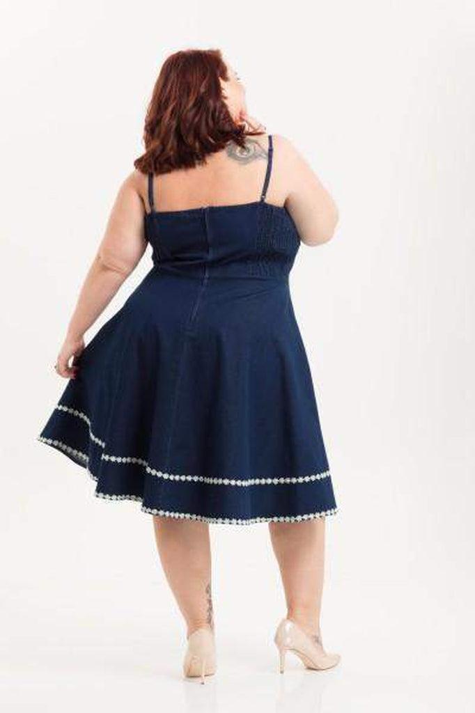 Daisy May Denim Plus Size Flared Dress-Voodoo Vixen-Dark Fashion Clothing