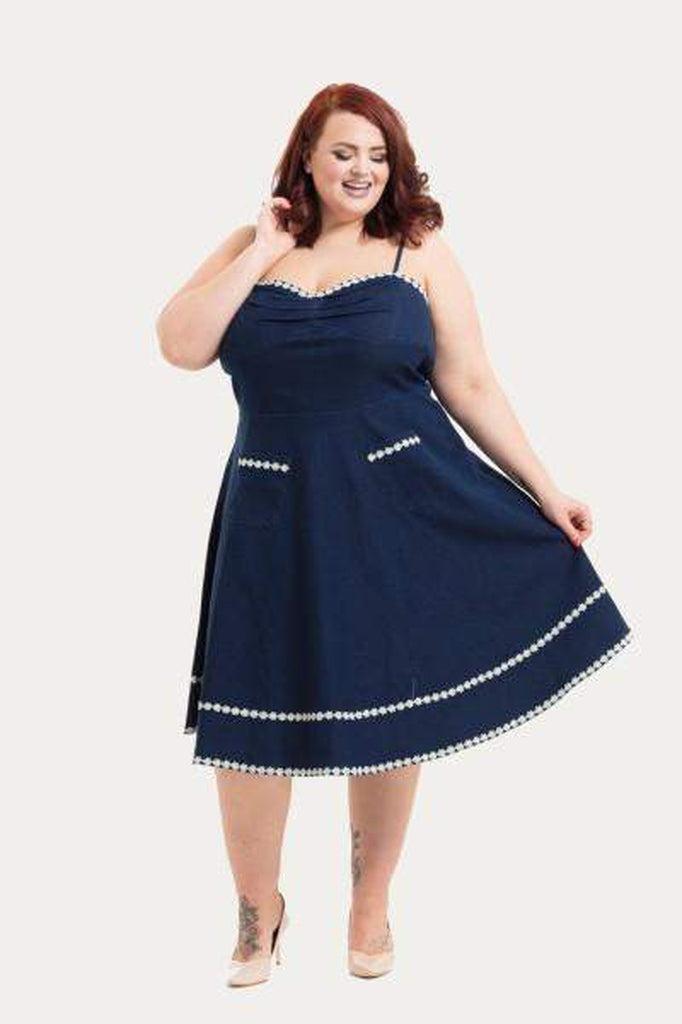Daisy May Denim Plus Size Flared Dress-Voodoo Vixen-Dark Fashion Clothing