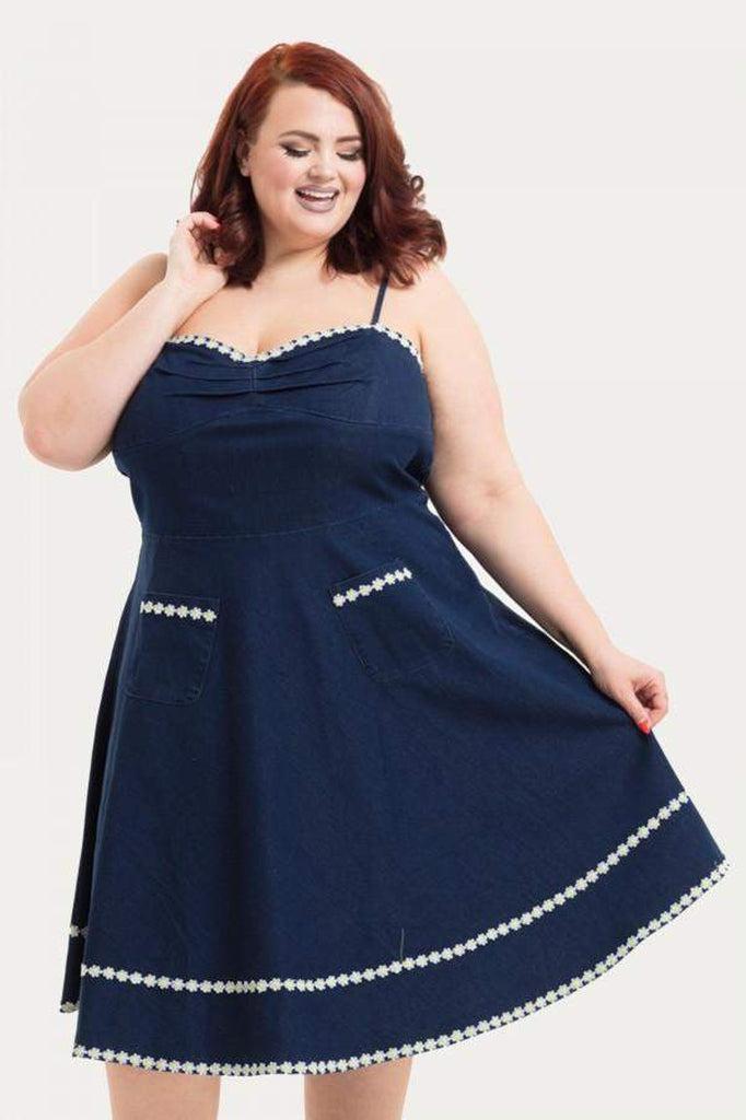 Daisy May Denim Plus Size Flared Dress-Voodoo Vixen-Dark Fashion Clothing