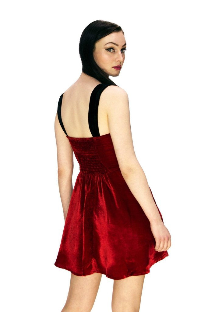 Deep Red Halterneck Velvet Mini Dress - Rosalie-Dr Faust-Dark Fashion Clothing