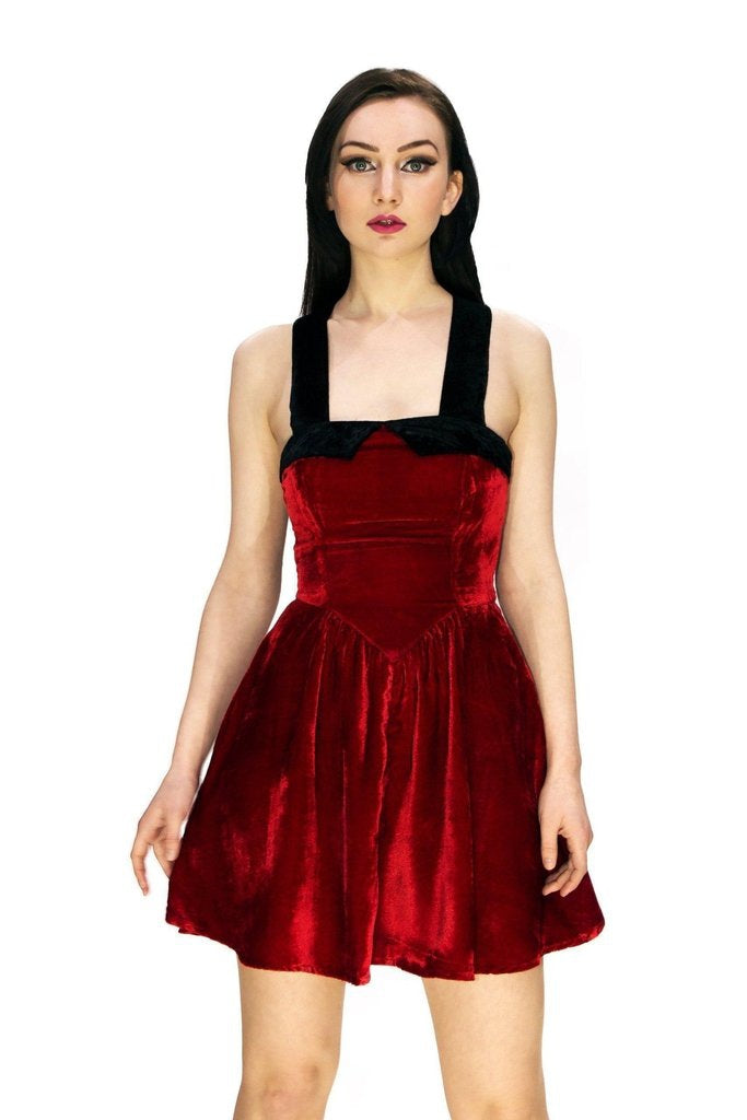 Deep Red Halterneck Velvet Mini Dress - Rosalie-Dr Faust-Dark Fashion Clothing