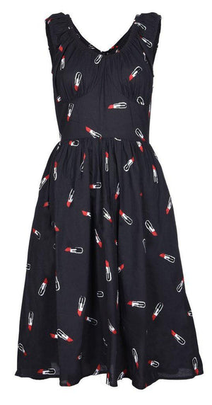 Delia Lipstick Emboidery Flared Dress-Voodoo Vixen-Dark Fashion Clothing