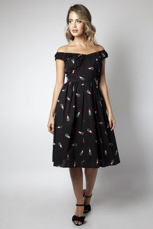 Delia Lipstick Emboidery Flared Dress-Voodoo Vixen-Dark Fashion Clothing