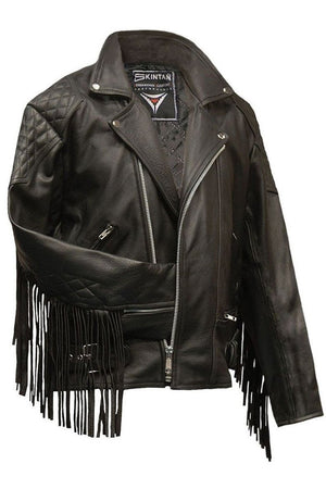Diamond Fringed Biker Jacket-Skintan Leather-Dark Fashion Clothing