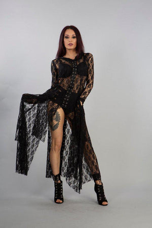 Dracula Long Hooded Dress In Black Lace-Burleska-Dark Fashion Clothing