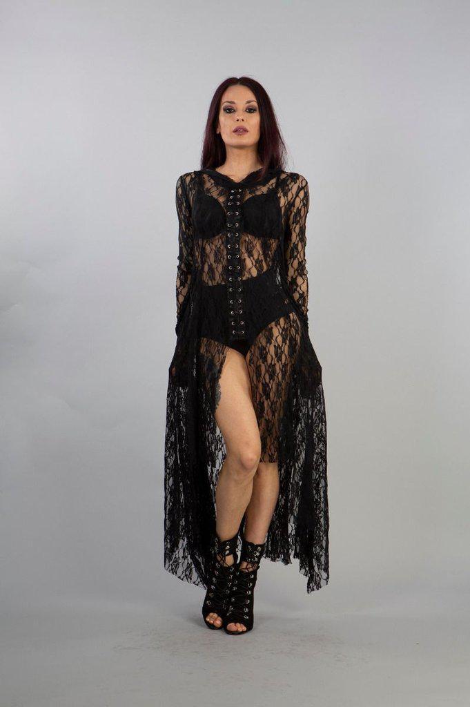 Dracula Long Hooded Dress In Black Lace-Burleska-Dark Fashion Clothing