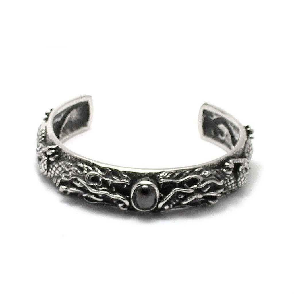 Dragon And Black Stone Bangle Stainless Steel-Badboy-Dark Fashion Clothing