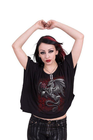 Dragon Rose - Boat Neck Bat Sleeve Top Black-Spiral-Dark Fashion Clothing