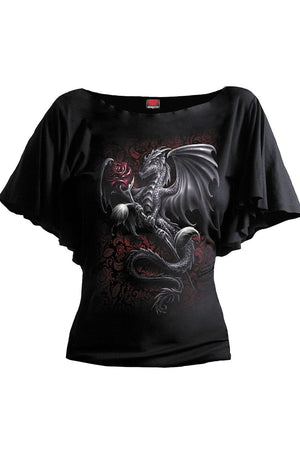 Dragon Rose - Boat Neck Bat Sleeve Top Black-Spiral-Dark Fashion Clothing