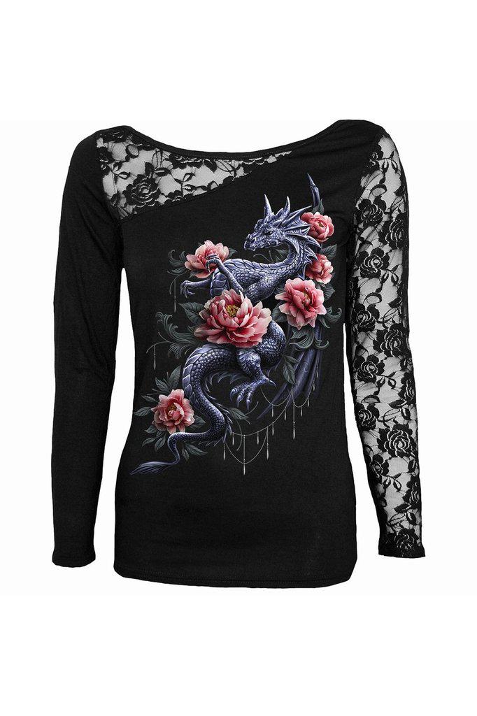 Dragon Rose Slant - Lace One Shoulder Top Black-Spiral-Dark Fashion Clothing