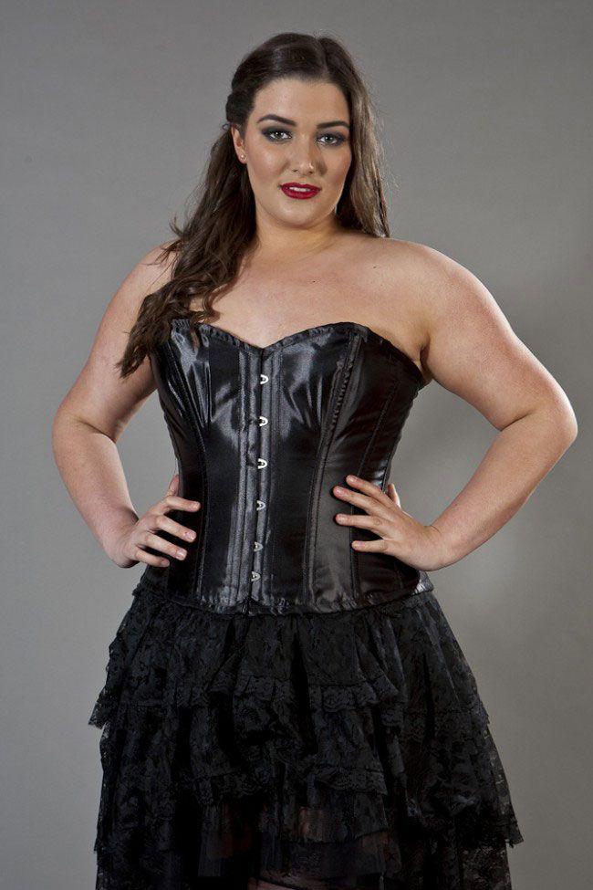 Elegant Overbust Plus Size Corset In Black Satin-Burleska-Dark Fashion Clothing