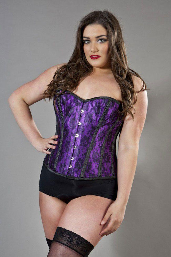 Elegant Overbust Plus Size Corset In Purple Satin Black Lace