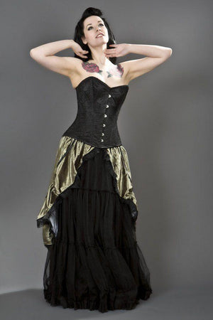 Elegant Overbust Steel Boned Corset In Black Satin & Spider Lace Overlay-Burleska-Dark Fashion Clothing
