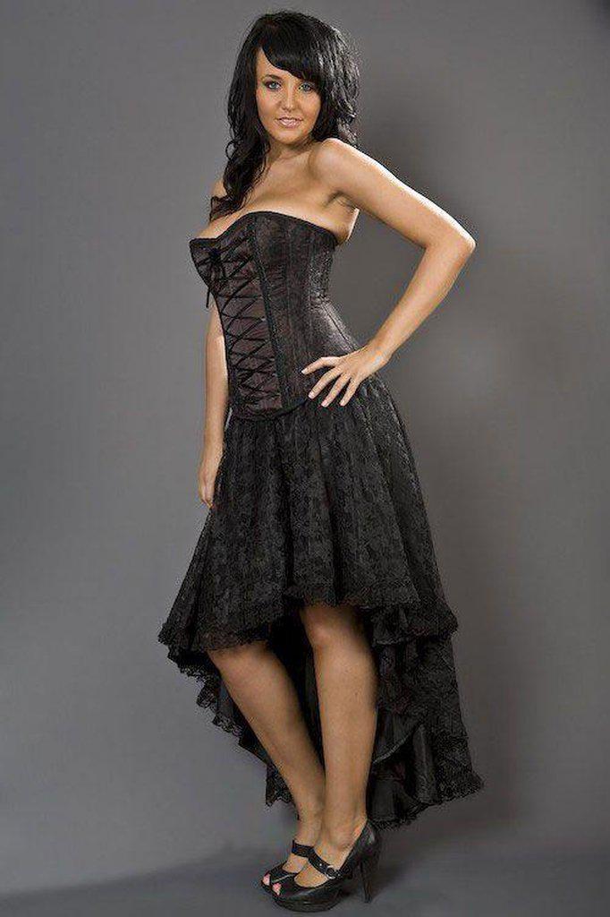 Elizium Long Burlesque Skirt In Satin & Lace Overlay-Burleska-Dark Fashion Clothing