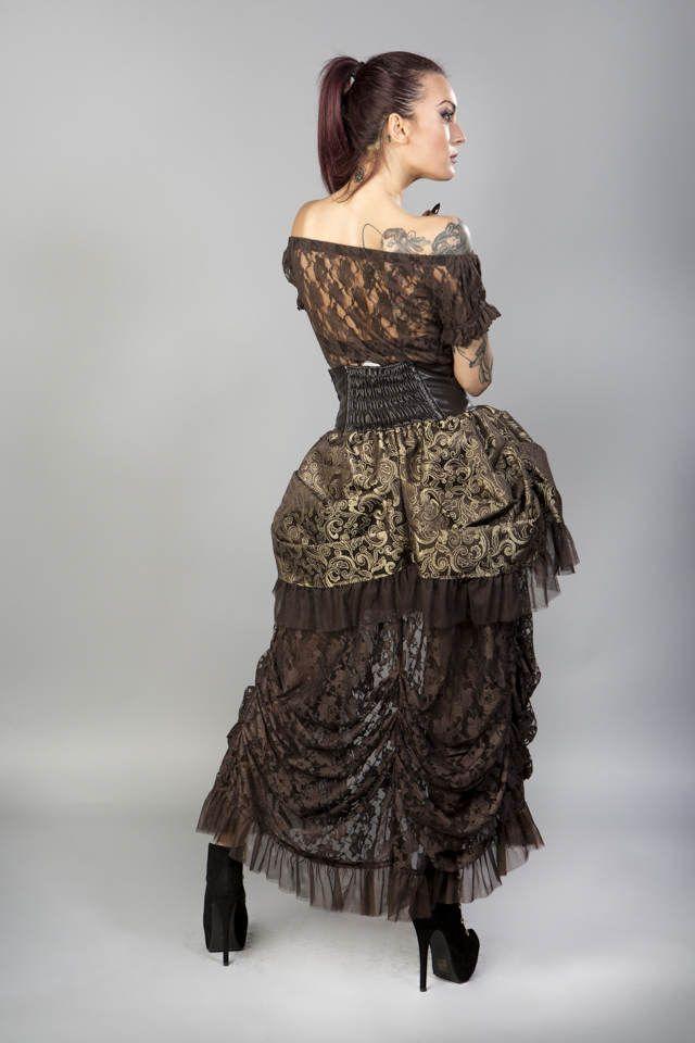 Elvira Long Gothic Victorian Skirt In Brown Gold Scroll And Coffee Matte-Burleska-Dark Fashion Clothing