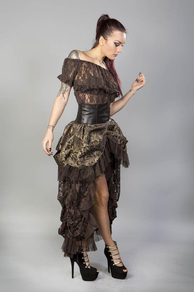 Elvira Long Gothic Victorian Skirt In Brown Gold Scroll And Coffee Matte-Burleska-Dark Fashion Clothing