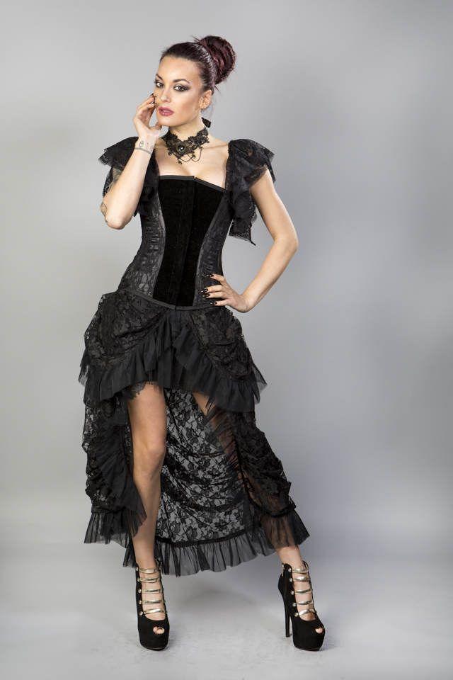 Emily Overbust Burlesque Corset In Black Velvet Flock-Burleska-Dark Fashion Clothing