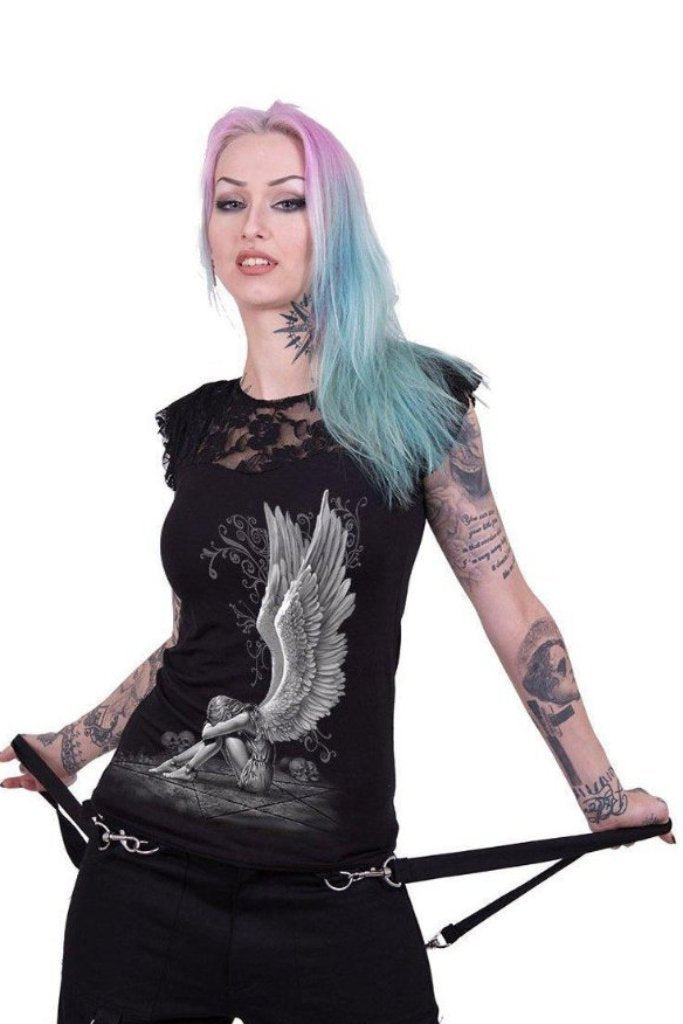 Enslaved Angel - Lace Layered Cap Sleeve Top Black-Spiral-Dark Fashion Clothing