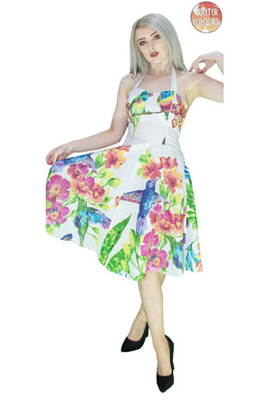 Exotic Birds and Flowers White Midi Dress - Ulani-Dr Faust-Dark Fashion Clothing