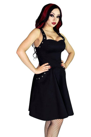 Eyelets Pockets Black Midi Dress - Kendall-Dr Faust-Dark Fashion Clothing