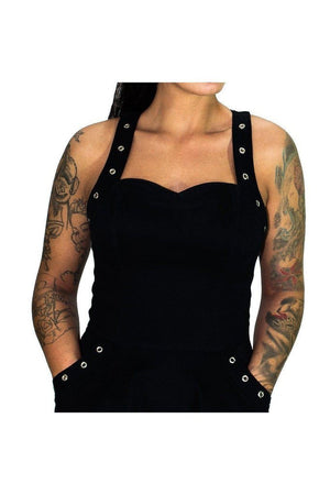 Eyelets Pockets Black Midi Dress - Kendall-Dr Faust-Dark Fashion Clothing