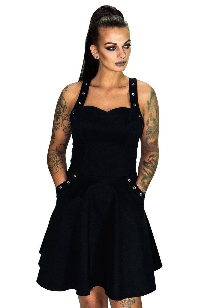 Eyelets Pockets Black Midi Dress - Kendall-Dr Faust-Dark Fashion Clothing