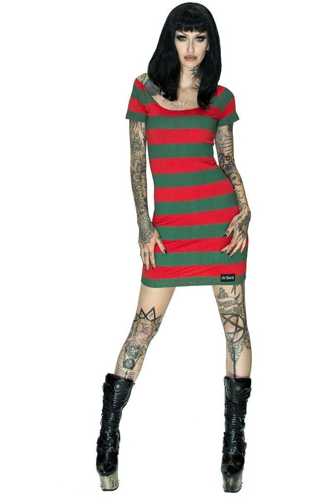 Freddy Krueger Style Red and Green Mini Dress - Aubrey-Dr Faust-Dark Fashion Clothing