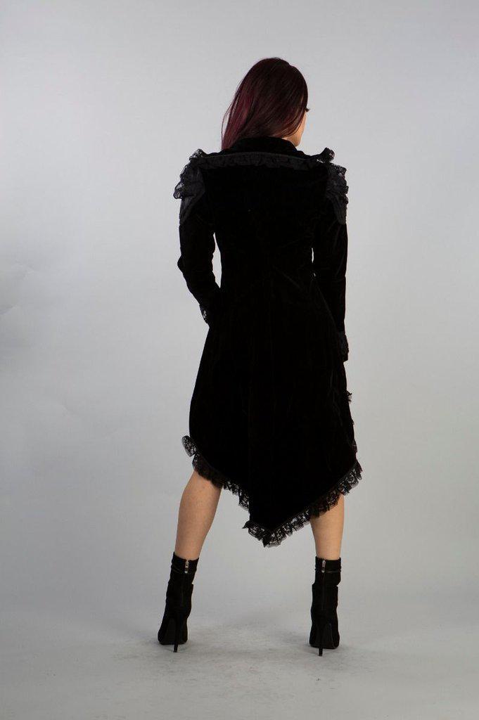 Frederica Coat In Black Velvet Flock And Lace Details-Burleska-Dark Fashion Clothing