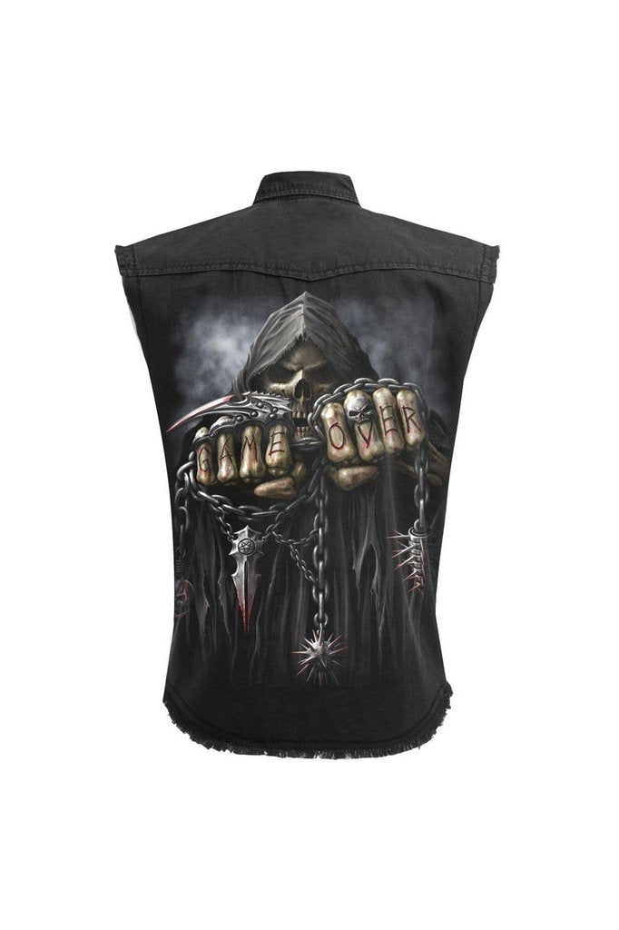 Game Over - Sleeveless Stone Washed Worker Black-Spiral-Dark Fashion Clothing