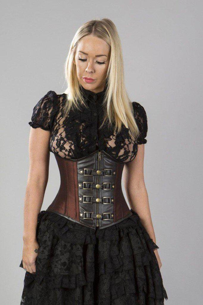 Gemini Underbust Steampunk Corset In Taffeta With Front Zip And Straps-Burleska-Dark Fashion Clothing