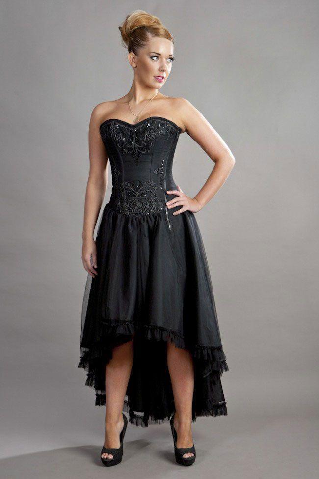 Geneva Hi-low Prom Corset Dress In Black Taffeta And Black Mesh Overlay
