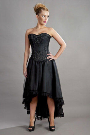 Geneva Hi-low Prom Corset Dress In Black Taffeta And Black Mesh Overlay-Burleska-Dark Fashion Clothing