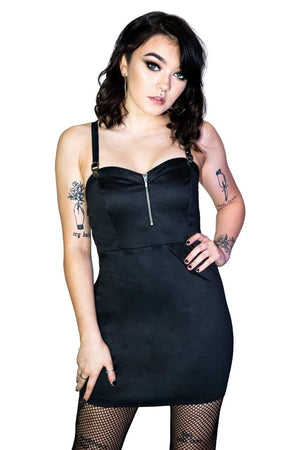 Geometric Metal Buckle Black Mini Dress - Serenity-Dr Faust-Dark Fashion Clothing