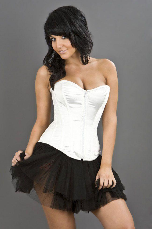 Glamour Overbust Lace Up Corset With Zipper In Satin-Burleska-Dark Fashion Clothing
