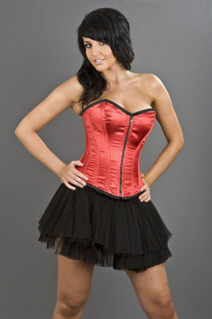 Glamour Overbust Lace Up Corset With Zipper In Satin-Burleska-Dark Fashion Clothing