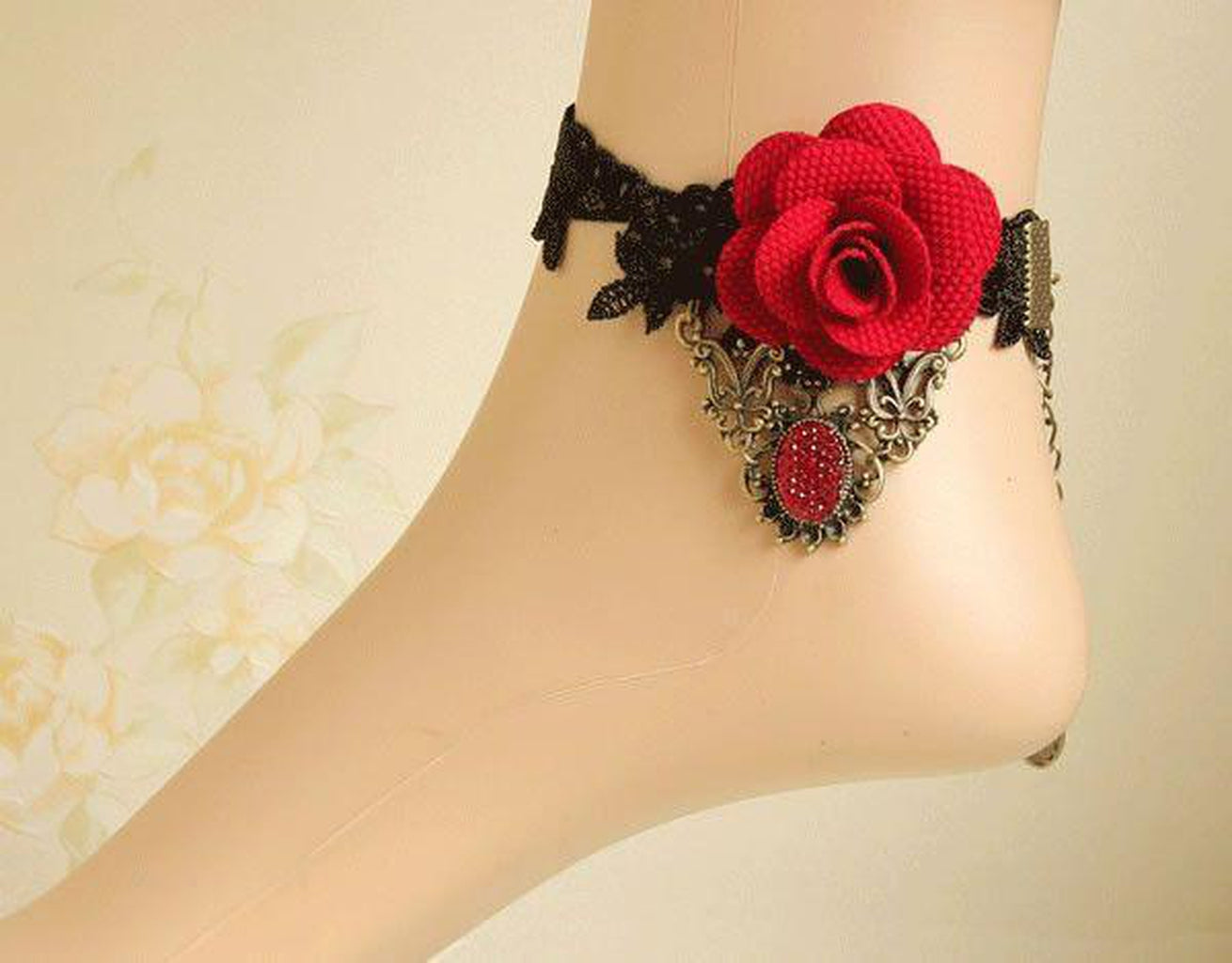 Goth Anklet - Lace With Rose-Badboy-Dark Fashion Clothing