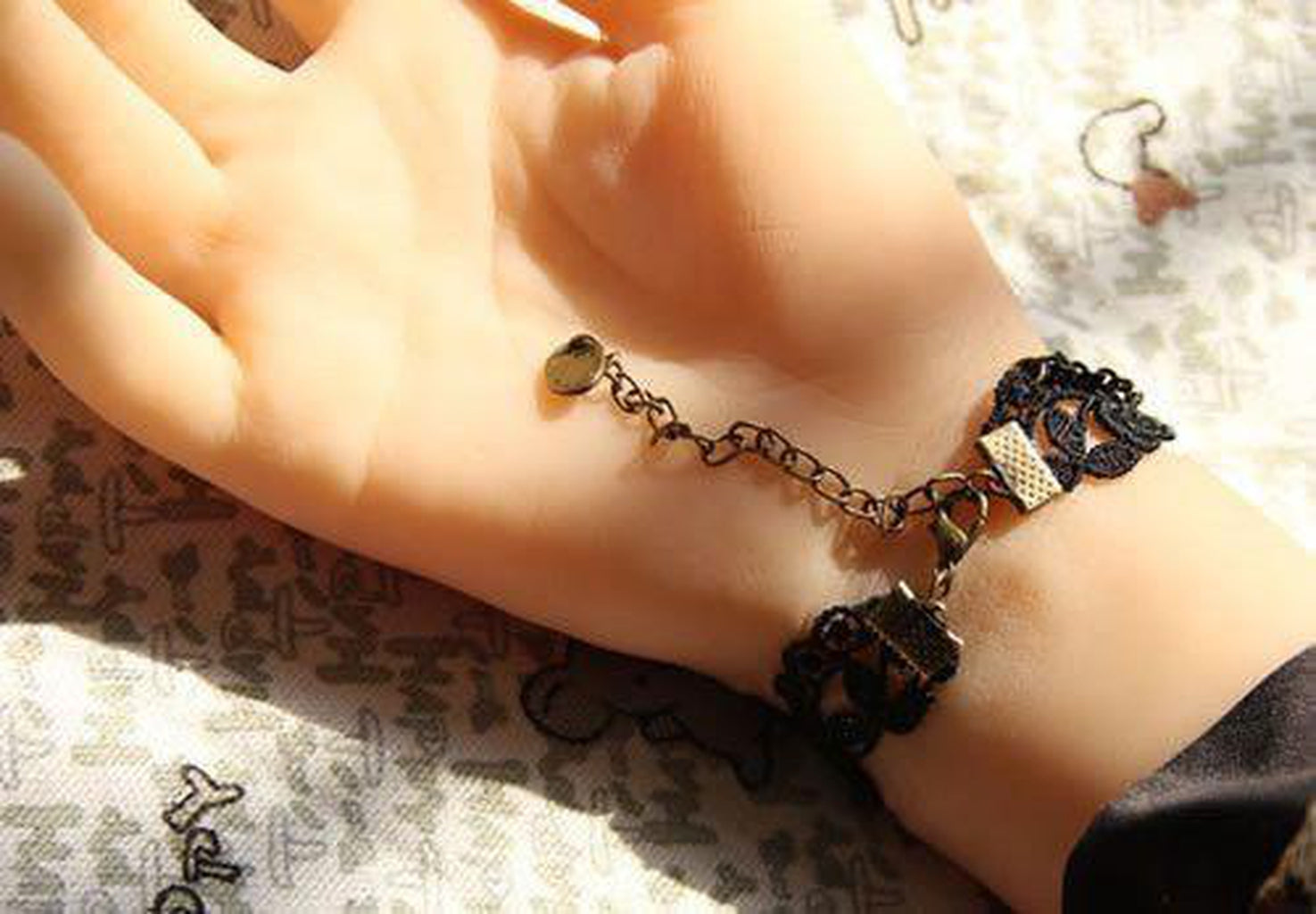 Goth Bracelet - Lace With Cat and Bead Charms-Badboy-Dark Fashion Clothing