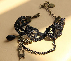 Goth Bracelet - Lace With Cat and Bead Charms-Badboy-Dark Fashion Clothing