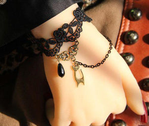 Goth Bracelet - Lace With Cat and Bead Charms-Badboy-Dark Fashion Clothing