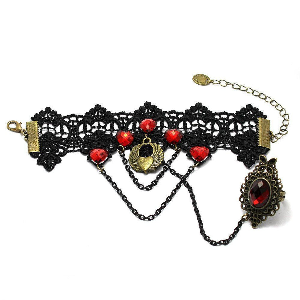 Goth Lace Bracelet With Red Stones And Ring-Badboy-Dark Fashion Clothing