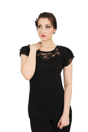 Gothic Elegance - Lace Layered Cap Sleeve Top Black-Spiral-Dark Fashion Clothing