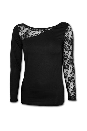 Gothic Elegance - Lace One Shoulder Top Black-Spiral-Dark Fashion Clothing