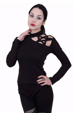 Gothic Elegance - Pentagram Shoulder Longsleeve Top-Spiral-Dark Fashion Clothing