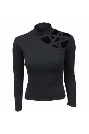 Gothic Elegance - Pentagram Shoulder Longsleeve Top-Spiral-Dark Fashion Clothing