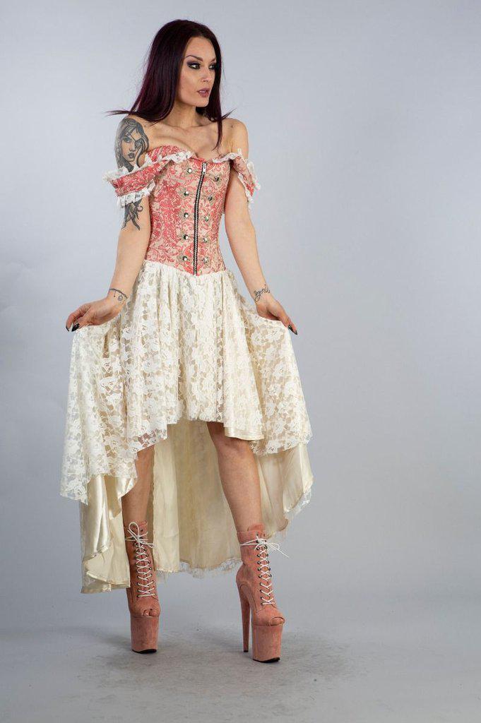 Gypsy High Low Victorian Corset Dress In Coral Cream Jacquard